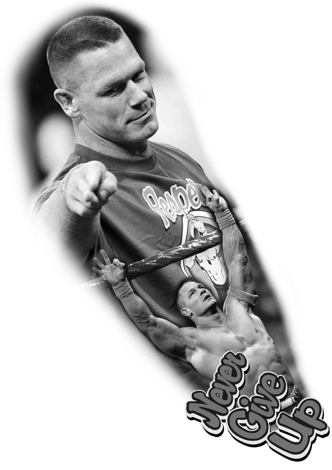 John Cena mit Never Give Up-Statement im Black & Grey-Stil als WannaDo Tattoo-Idee von Lucas Schenk